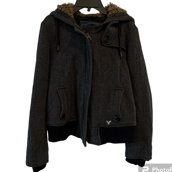 Lg American Eagle lined and hooded tweed jacket. Zips and snaps closed. Sz LG - Picture 2 of 10